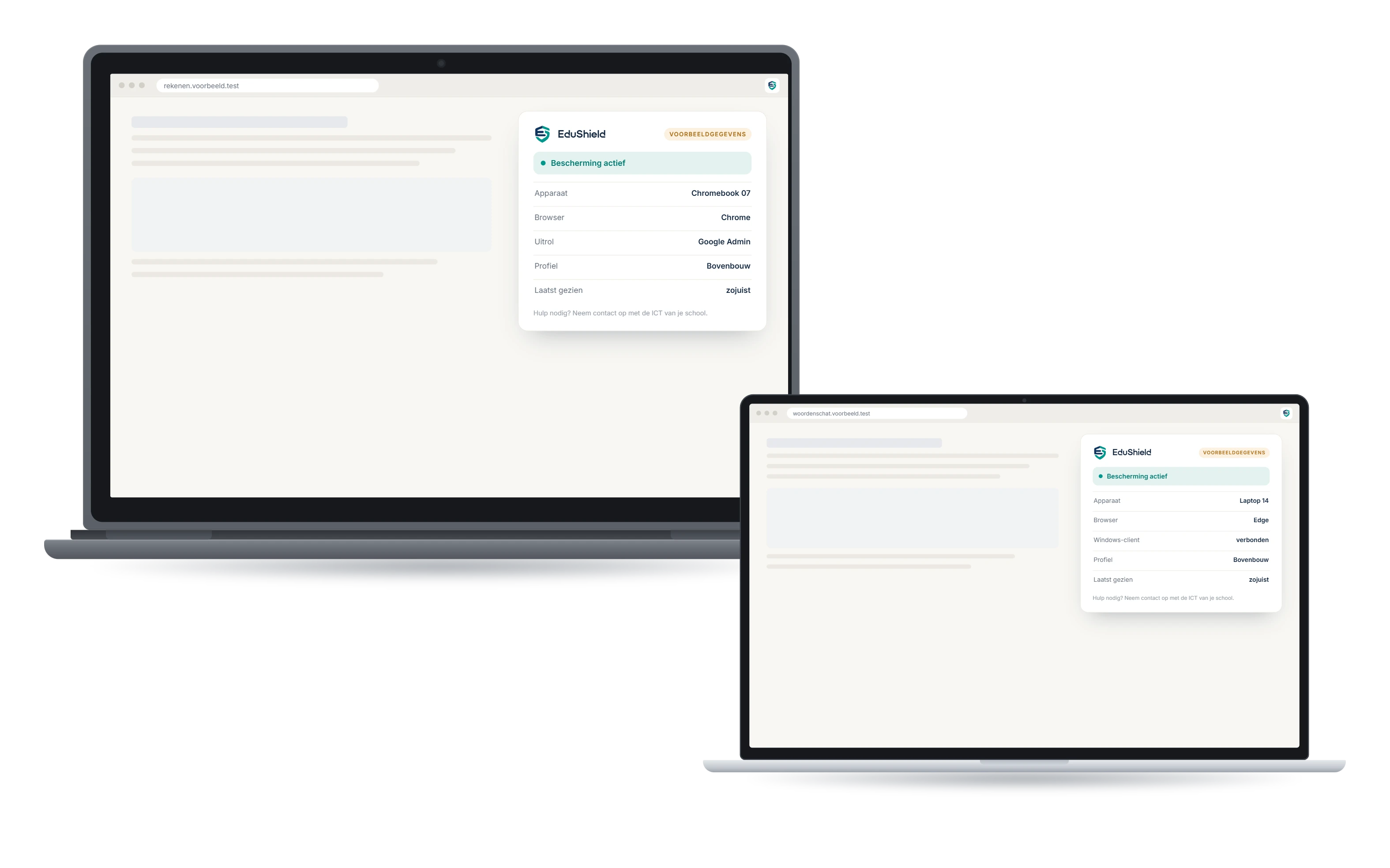 Productschets van een Chromebook en een Windows-laptop naast elkaar, elk met het EduShield-venster: bescherming actief, apparaat, browser, uitrol of Windows-client, profiel en laatst gezien (voorbeeldgegevens)