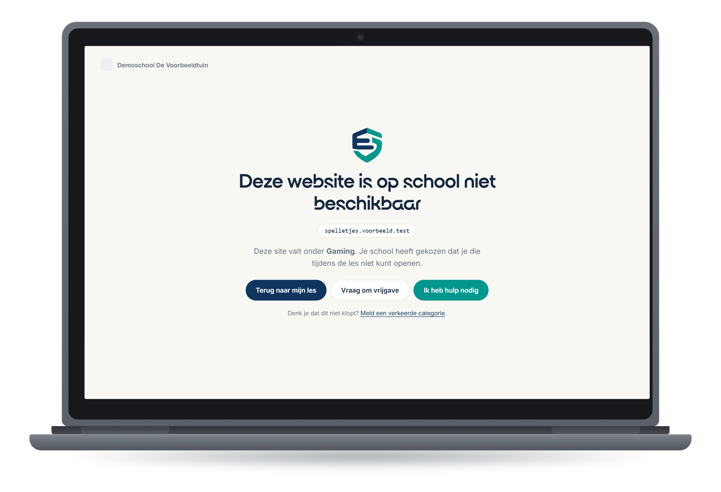 Productschets van de blokkadepagina op een Chromebook: een website is op school niet beschikbaar, met knoppen terug naar de les, vraag om vrijgave en hulp (voorbeeldgegevens)