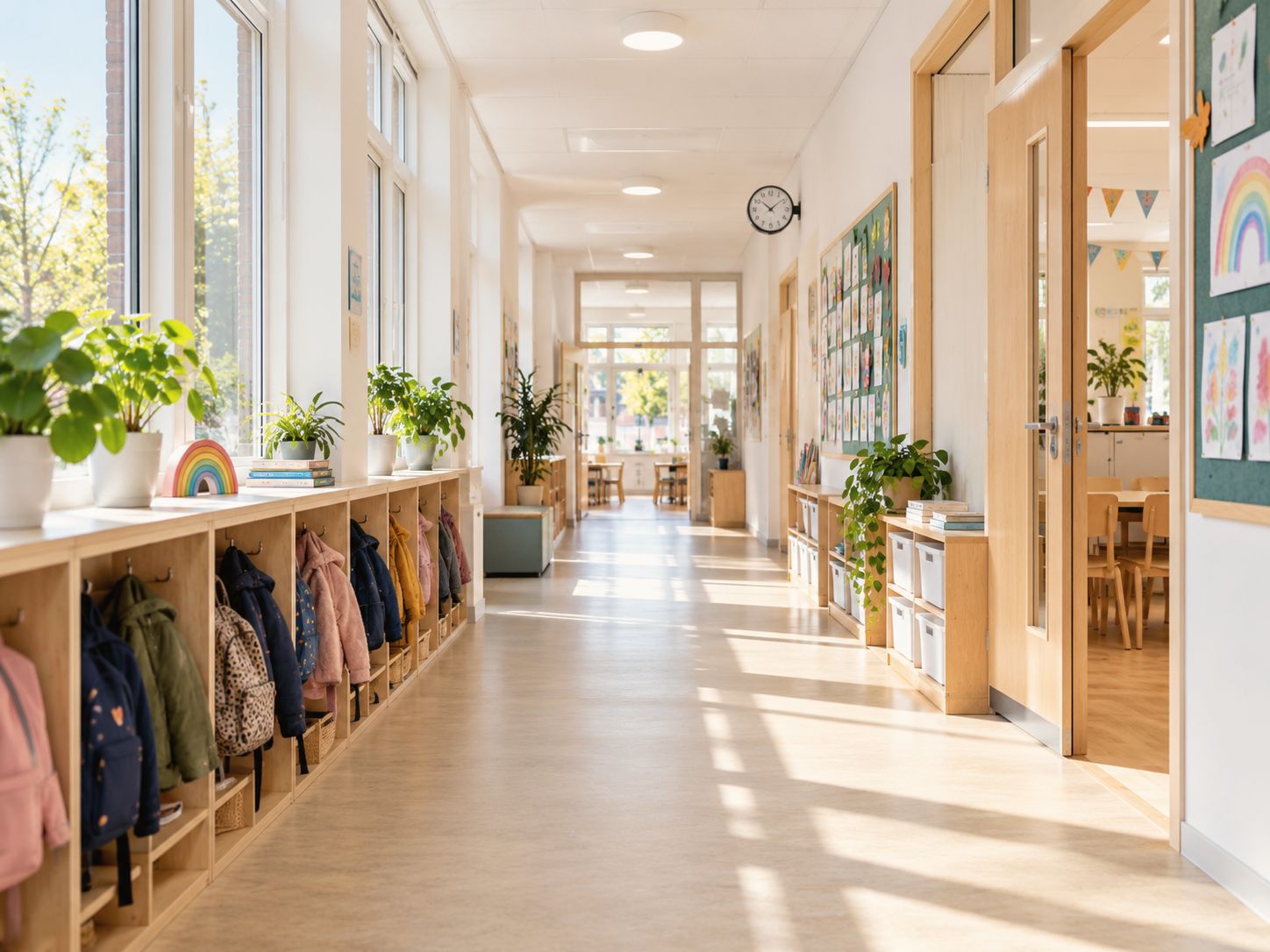 Een lichte schoolgang met jassen aan de kapstok, planten en zonlicht door de ramen