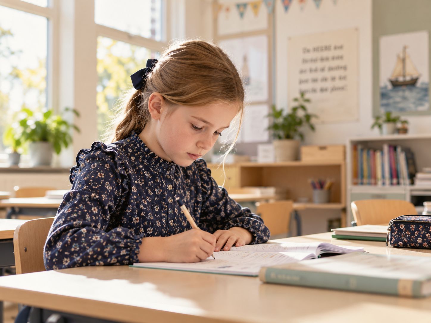 Een meisje schrijft geconcentreerd in een schrift aan haar tafel in de klas